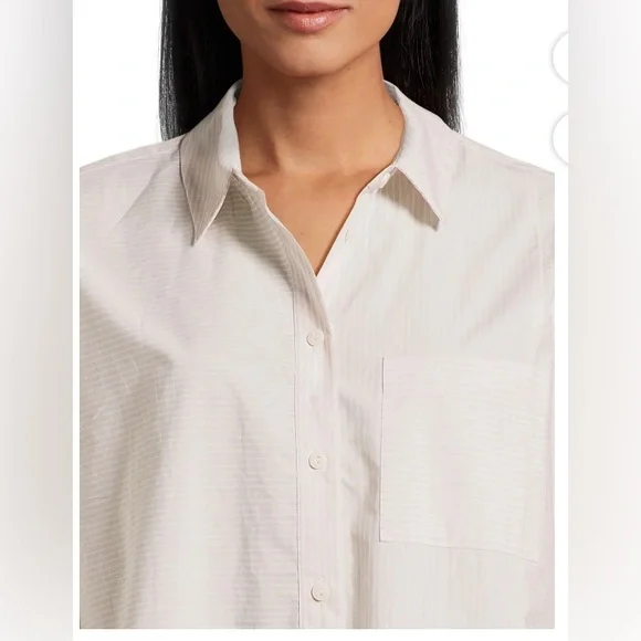 Time and Tru Oversized Button Front Shirt-Papyrus Beige/Vivid White Stripe-Large - Picture 7 of 10